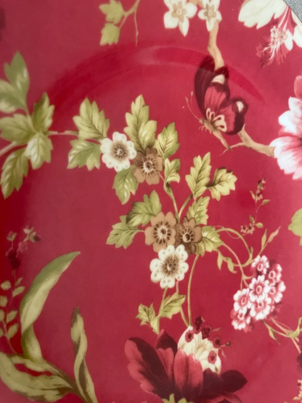 222 Fifth Lutece Red Floral Butterfly Salad Plate 8.75